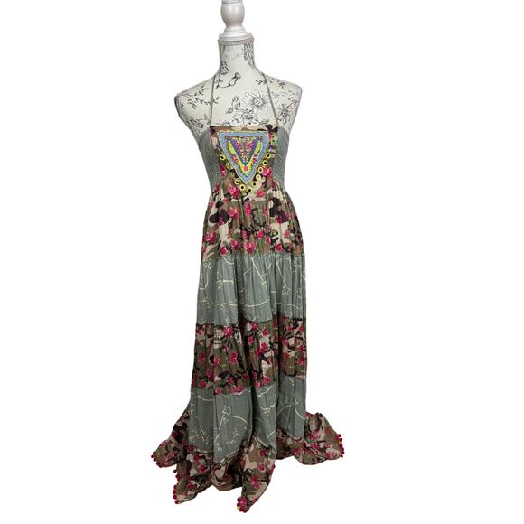 Boston Proper Nomad Camo Tassels Maxi Dress with Pom Poms Size XS - Picture 1 of 9